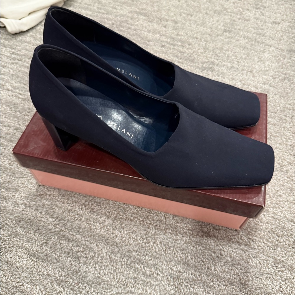 ANTONIO MELANI Dark Navy Square Toe Heels with Textured Fabric